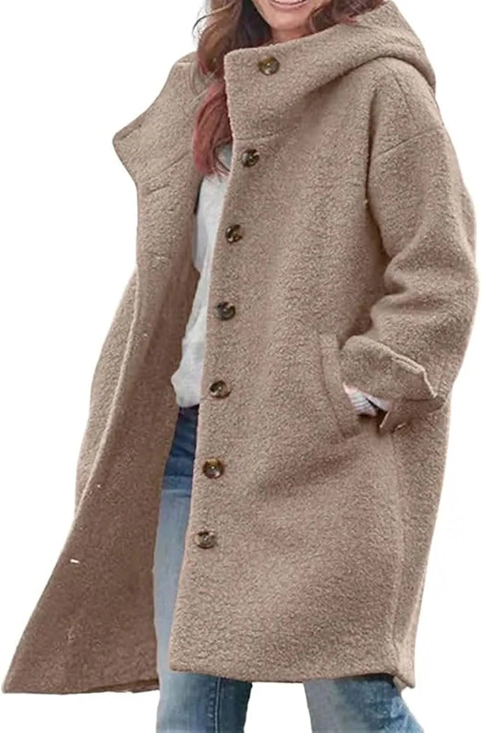 loveimgs Women Winter Casual Single Breasted Hooded Jacket Pea Coat Long Wool Coat Jacket Trench Coat Overcoat