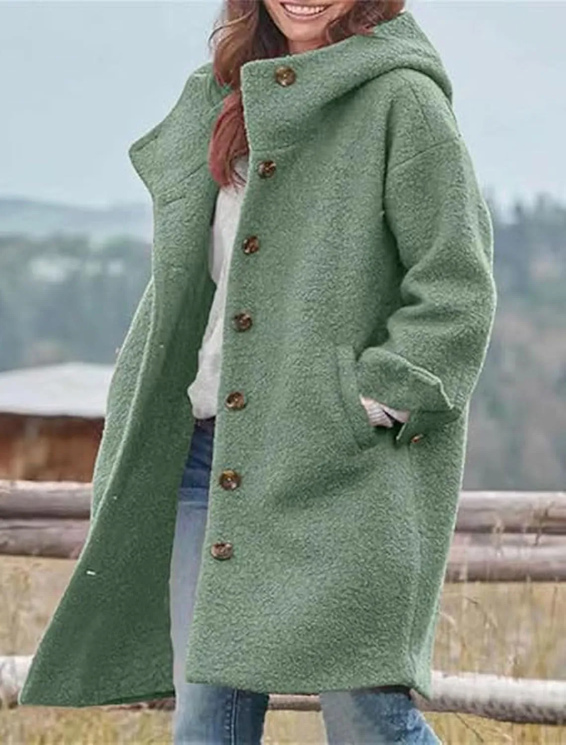 loveimgs Women Winter Casual Single Breasted Hooded Jacket Pea Coat Long Wool Coat Jacket Trench Coat Overcoat