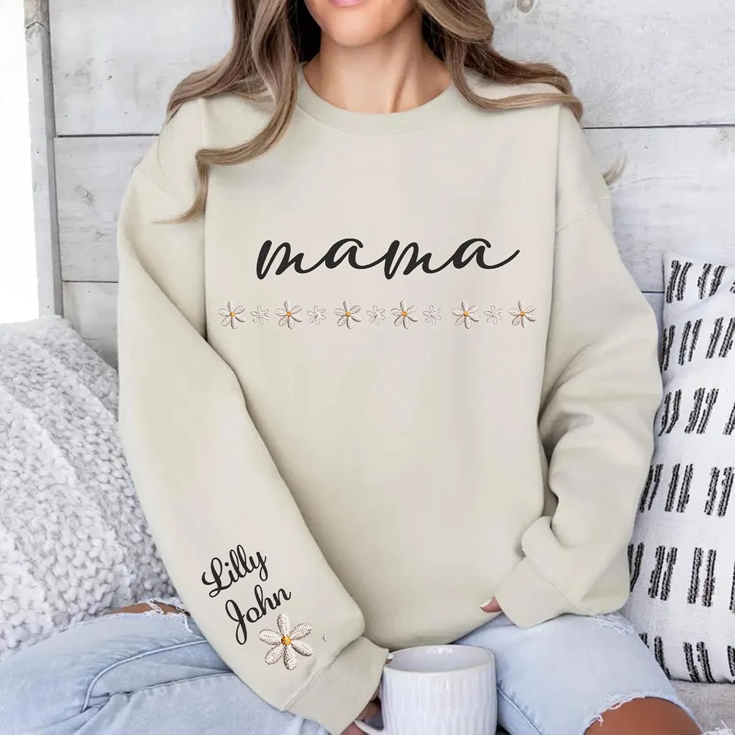 LOVELYPOD Custom Mama Daisy Embroidered Sweatshirt with Kids Name on Sleeve, Pullover Hoodies for Women, Gifts For Mom