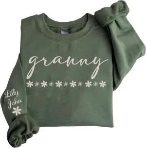 LOVELYPOD Custom Mama Daisy Embroidered Sweatshirt with Kids Name on Sleeve, Pullover Hoodies for Women, Gifts For Mom
