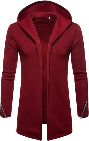 Maiyifu-GJ Men's Long Hooded Cardigan Jacket Long Sleeve Open Front Longline Coat Lightweight Trench Coat Sweatshirt