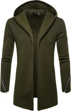 Maiyifu-GJ Men's Long Hooded Cardigan Jacket Long Sleeve Open Front Longline Coat Lightweight Trench Coat Sweatshirt