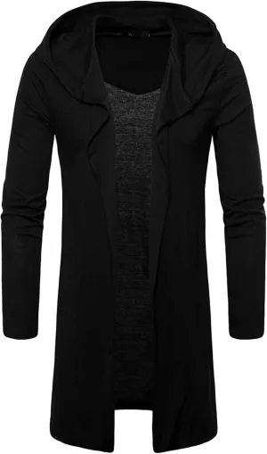 Maiyifu-GJ Men's Long Hooded Cardigan Long Sleeve Open Front Drape Cape Lightweight Longline Overcoat Sweater Windbreaker