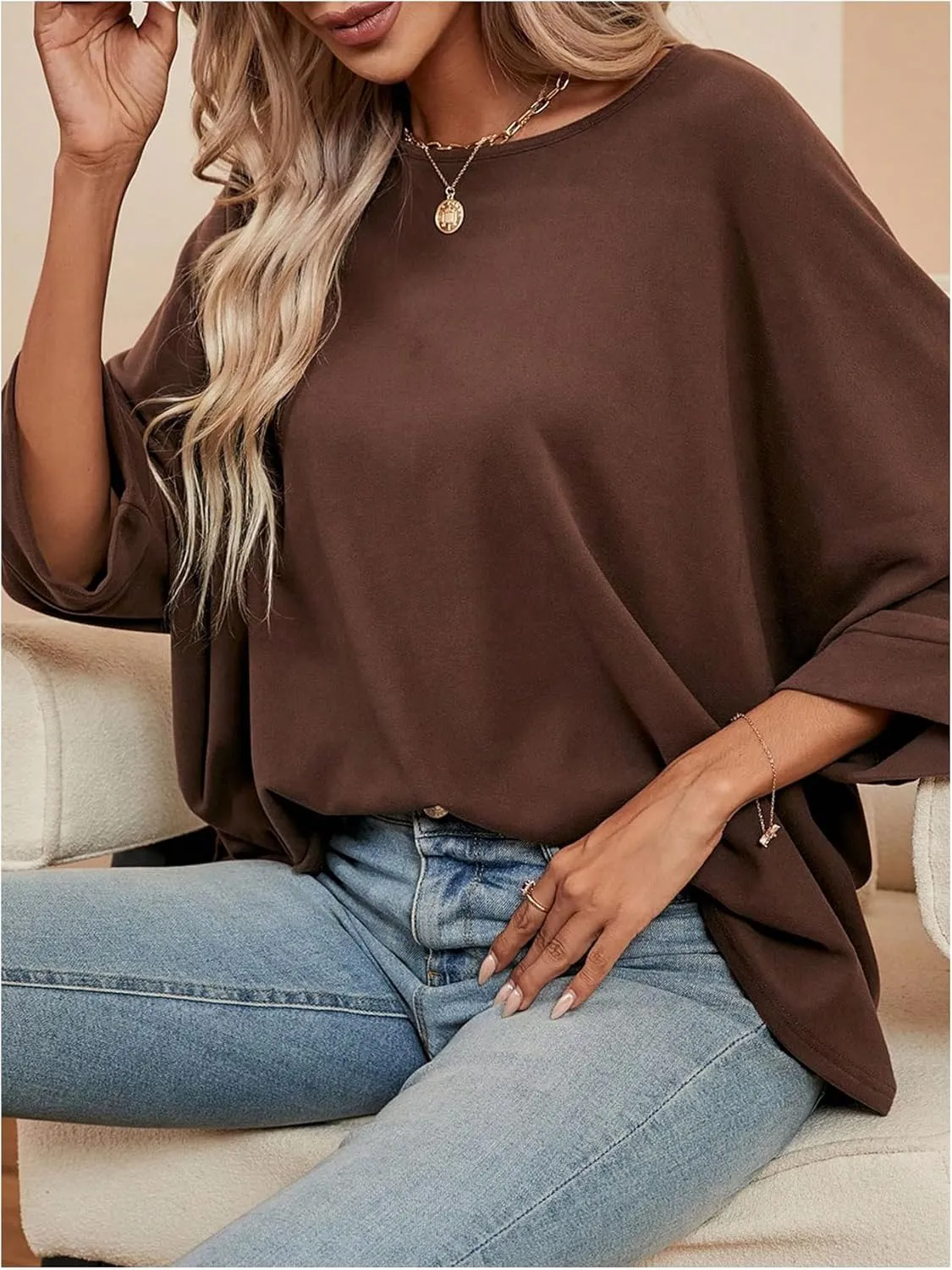 MakeMeChic Women's 3/4 Sleeve Tee Top Round Neck Plain Loose Oversized Dolman T Shirts