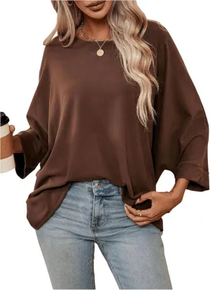 MakeMeChic Women's 3/4 Sleeve Tee Top Round Neck Plain Loose Oversized Dolman T Shirts