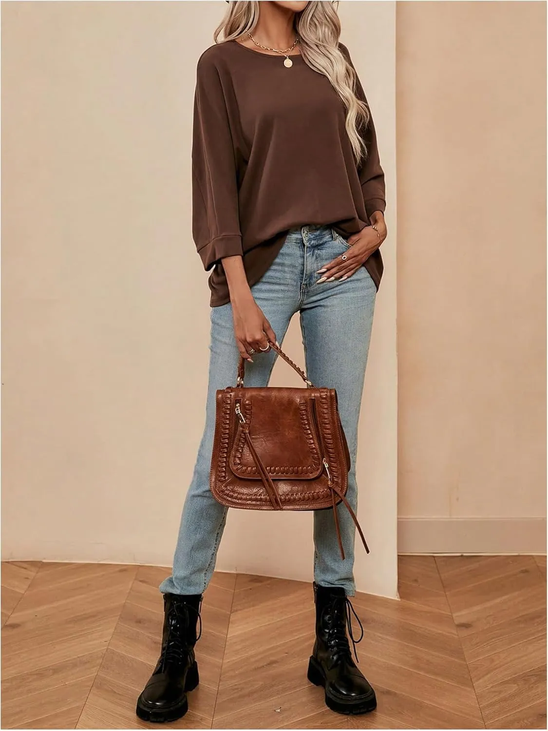 MakeMeChic Women's 3/4 Sleeve Tee Top Round Neck Plain Loose Oversized Dolman T Shirts