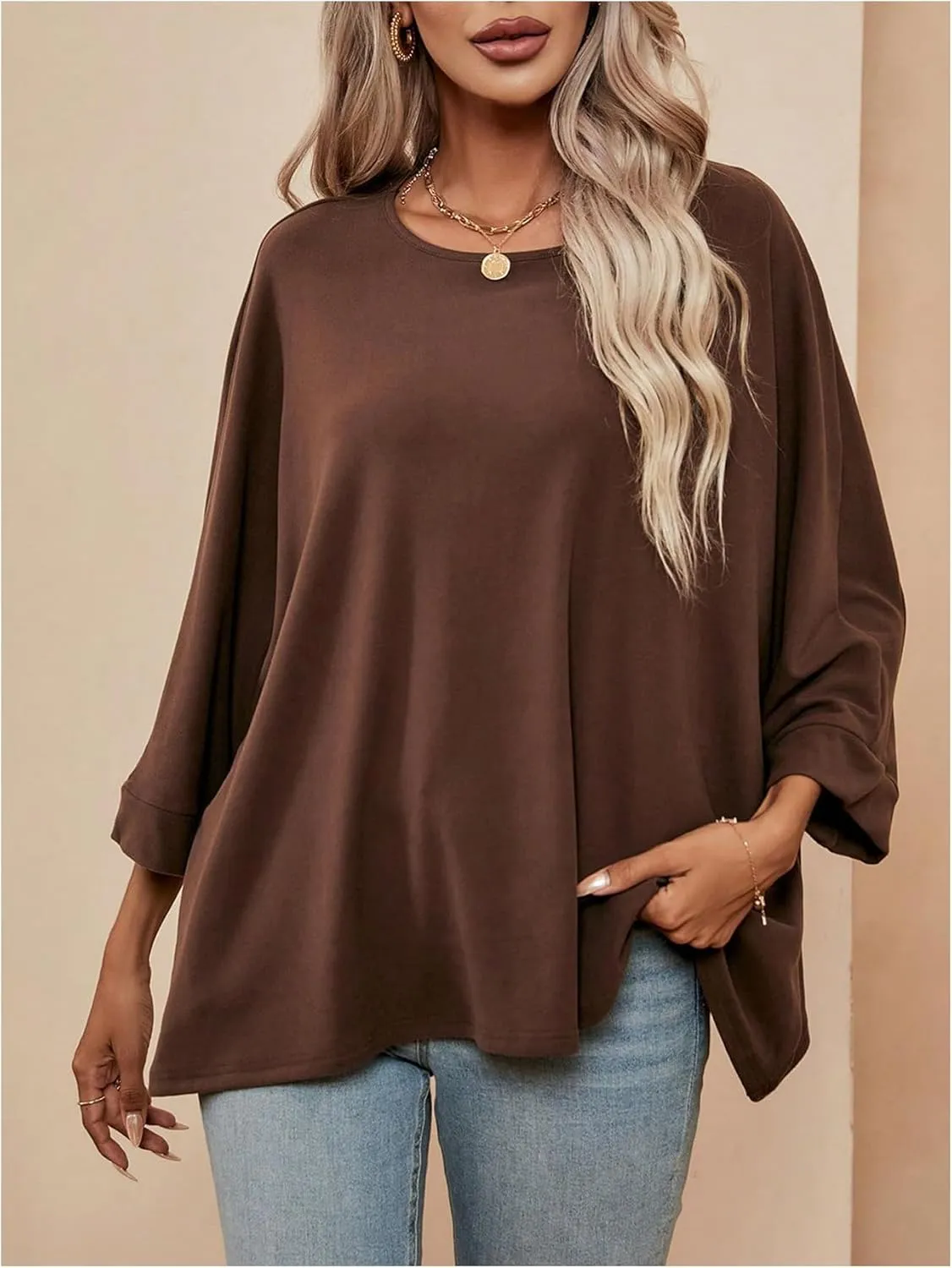 MakeMeChic Women's 3/4 Sleeve Tee Top Round Neck Plain Loose Oversized Dolman T Shirts
