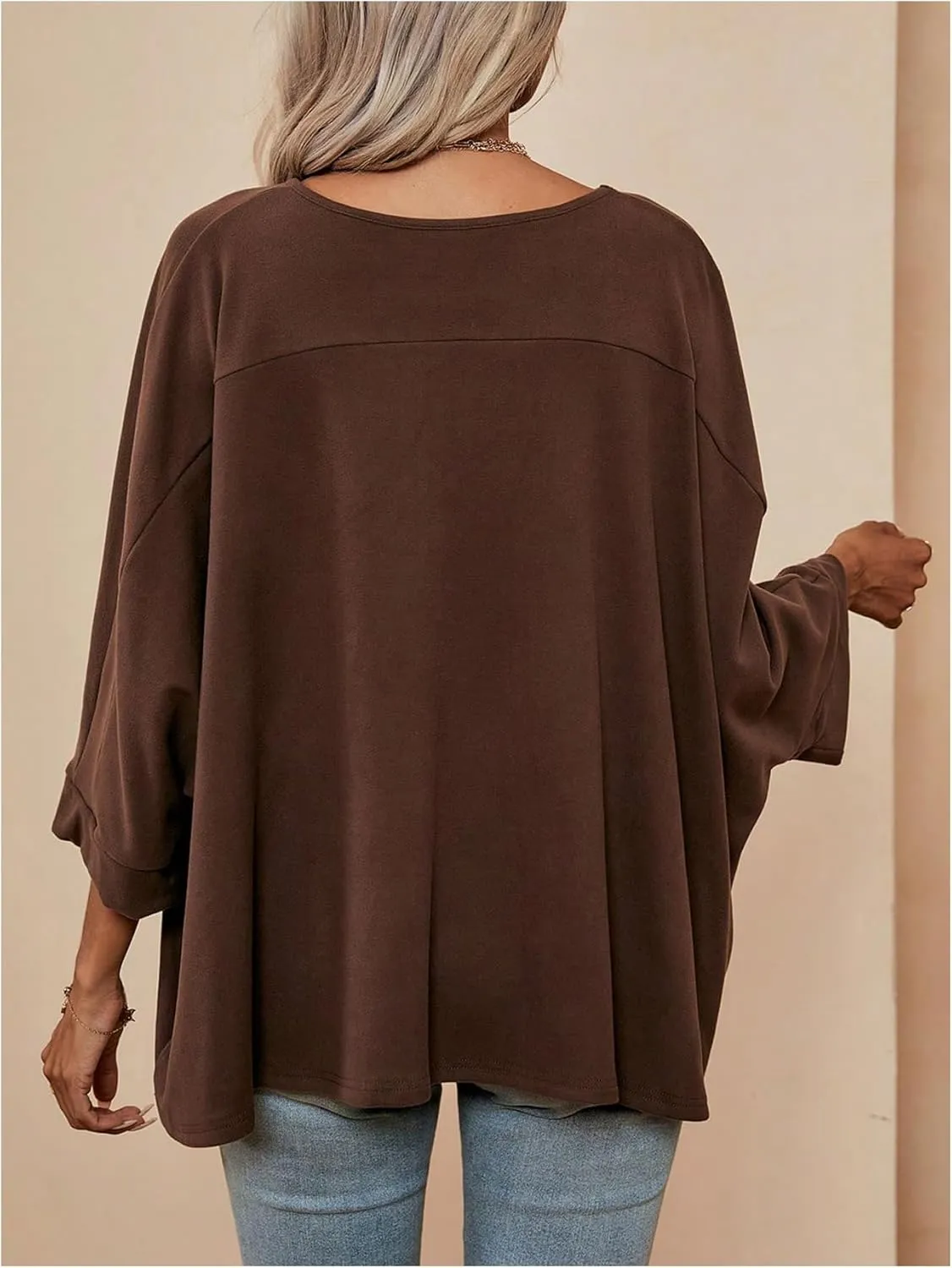 MakeMeChic Women's 3/4 Sleeve Tee Top Round Neck Plain Loose Oversized Dolman T Shirts