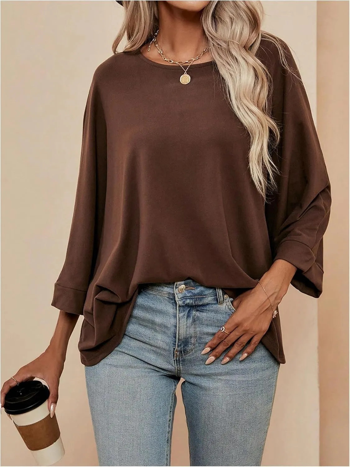 MakeMeChic Women's 3/4 Sleeve Tee Top Round Neck Plain Loose Oversized Dolman T Shirts