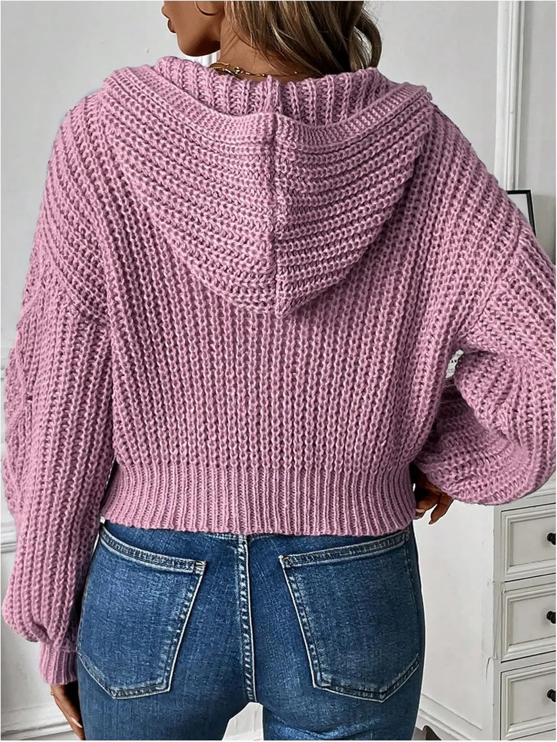 MakeMeChic Women's Chunky Knit Hoodies Cropped Cardigan Sweater Full Zip Long Sleeve Knitwear