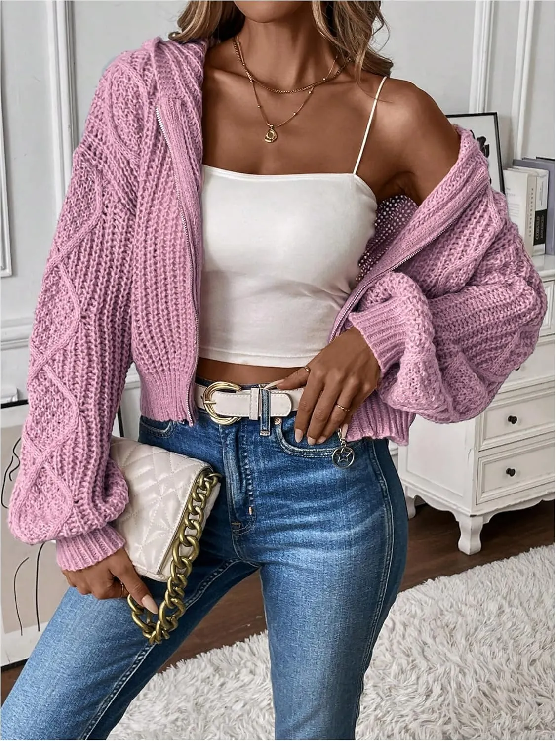 MakeMeChic Women's Chunky Knit Hoodies Cropped Cardigan Sweater Full Zip Long Sleeve Knitwear
