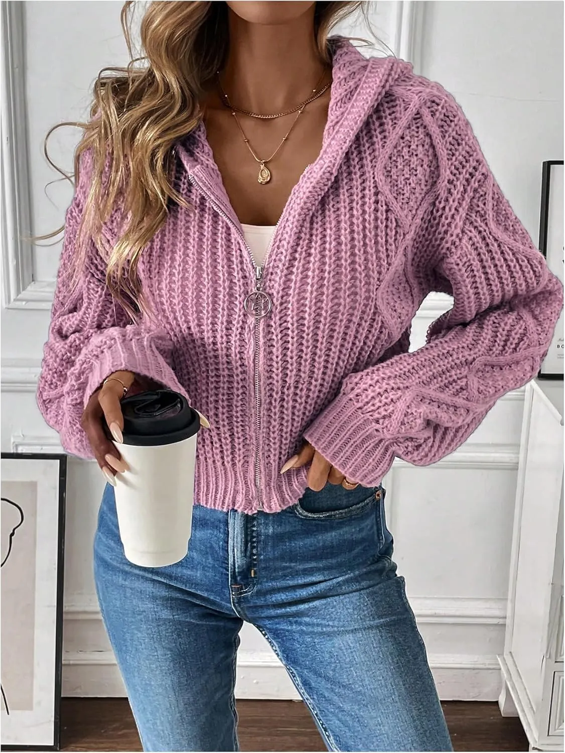 MakeMeChic Women's Chunky Knit Hoodies Cropped Cardigan Sweater Full Zip Long Sleeve Knitwear