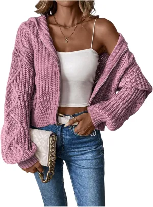 MakeMeChic Women's Chunky Knit Hoodies Cropped Cardigan Sweater Full Zip Long Sleeve Knitwear