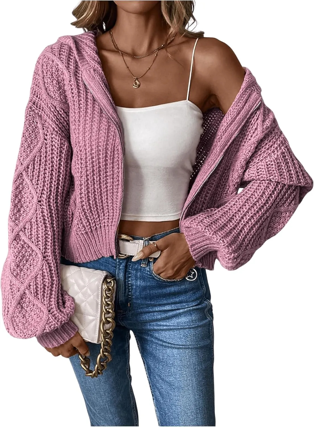 MakeMeChic Women's Chunky Knit Hoodies Cropped Cardigan Sweater Full Zip Long Sleeve Knitwear