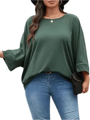 MakeMeChic Women's Plus Size T Shirts Crew Neck 3/4 Sleeve Plain Oversized Casual Tee Top