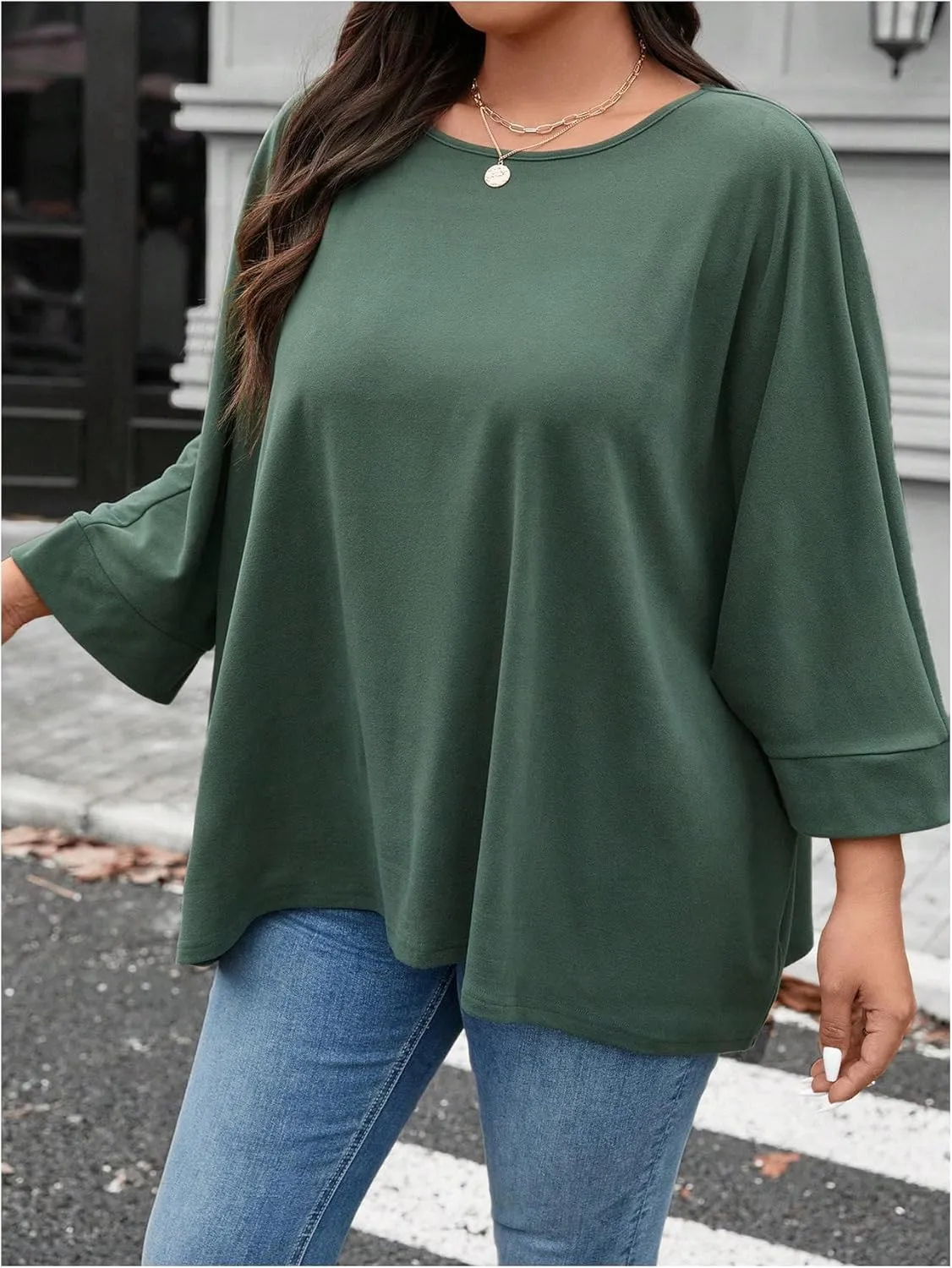 MakeMeChic Women's Plus Size T Shirts Crew Neck 3/4 Sleeve Plain Oversized Casual Tee Top