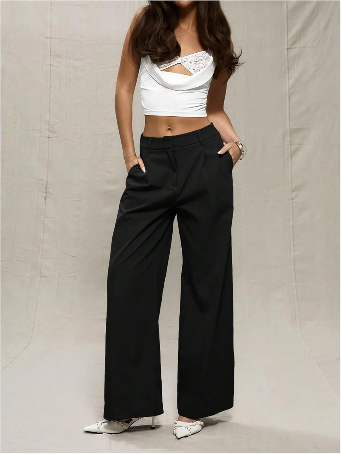 MakeMeChic Women's Zip Fly Slant Pocket Pants Straight Leg Loose Fit Tailored Trousers