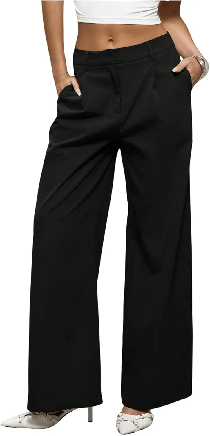 MakeMeChic Women's Zip Fly Slant Pocket Pants Straight Leg Loose Fit Tailored Trousers