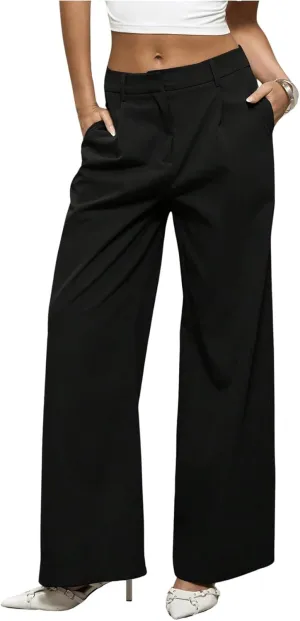 MakeMeChic Women's Zip Fly Slant Pocket Pants Straight Leg Loose Fit Tailored Trousers