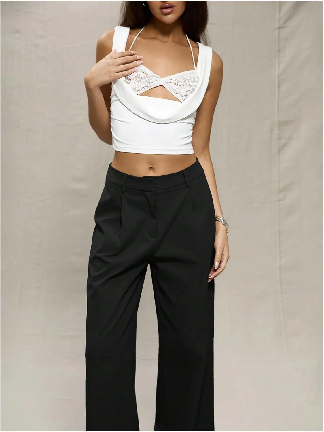 MakeMeChic Women's Zip Fly Slant Pocket Pants Straight Leg Loose Fit Tailored Trousers