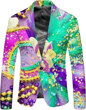 Mardi Gras Outfit Men's Dress Party Floral Suit Jacket Notched Lapel Slim Fit Button Stylish Blazer Formal Suit