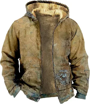 Men Coats Winter With Hood Fleece Lined Zipper Coat Thick Oversized Graphic Sport Jacket