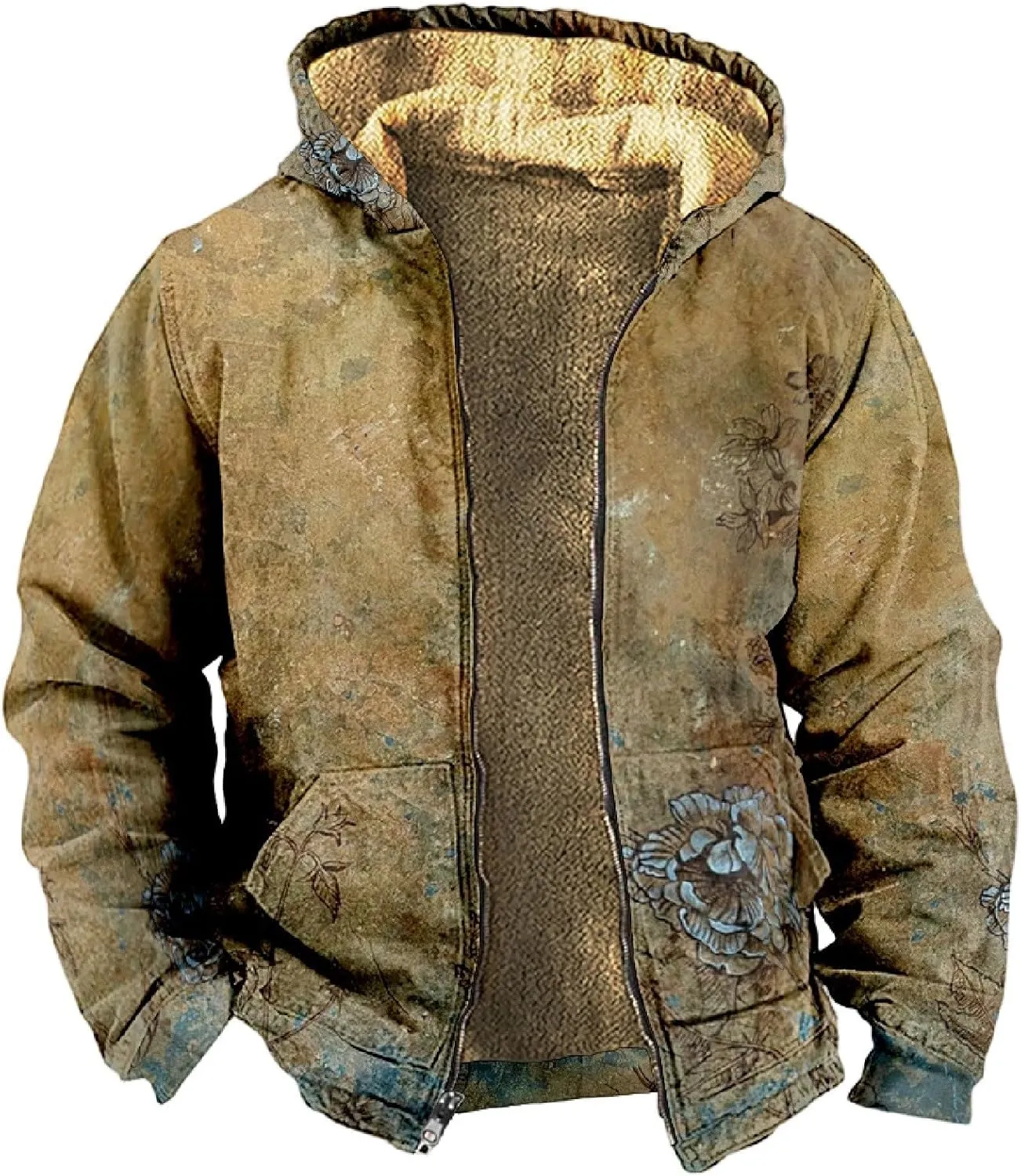 Men Coats Winter With Hood Fleece Lined Zipper Coat Thick Oversized Graphic Sport Jacket