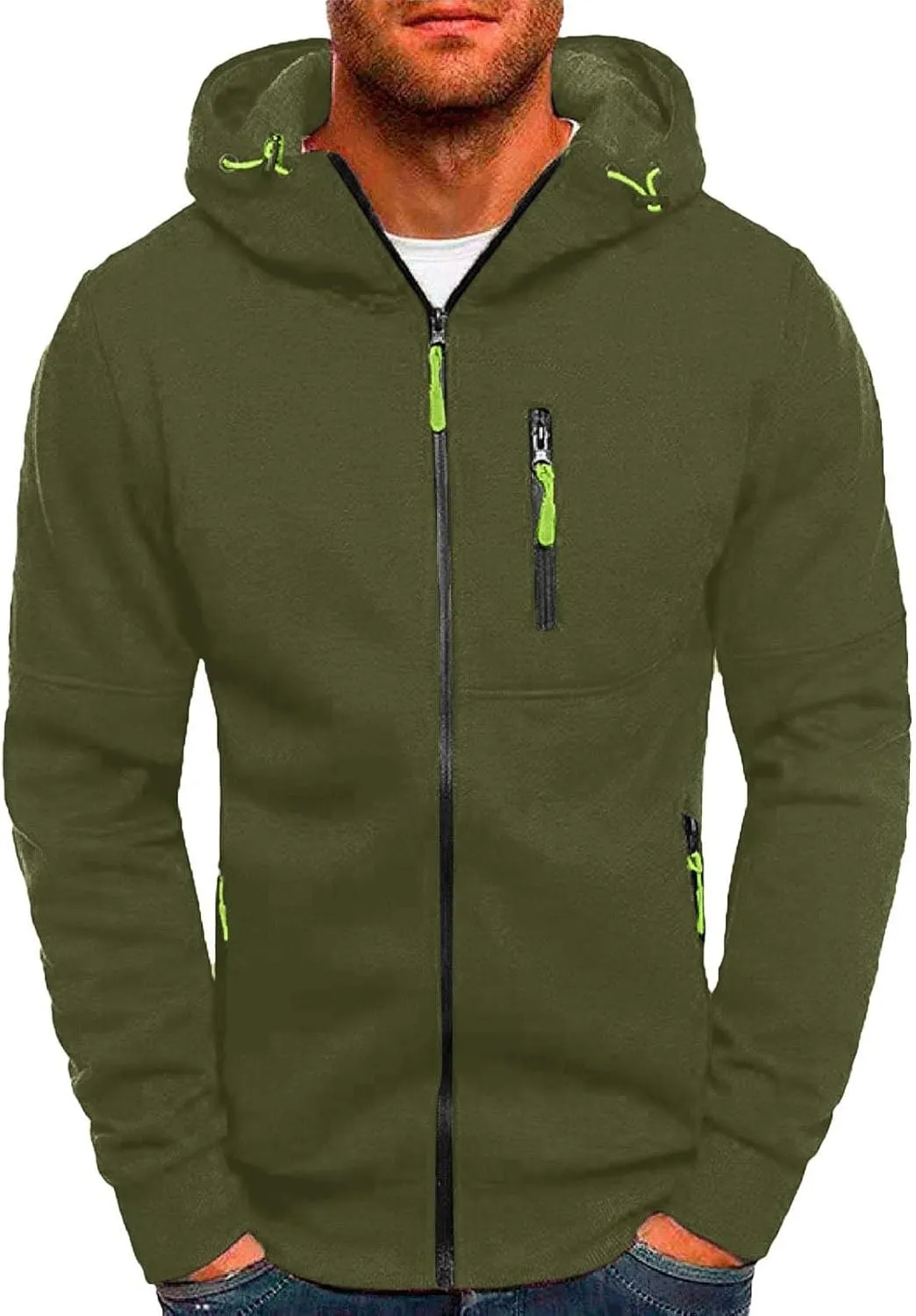 Men Lightweight Hoodies Plus Size Classic Fit Zip Up Jacket Casual Long Sleeve Sweatshirt with Zippered Chest Pockets