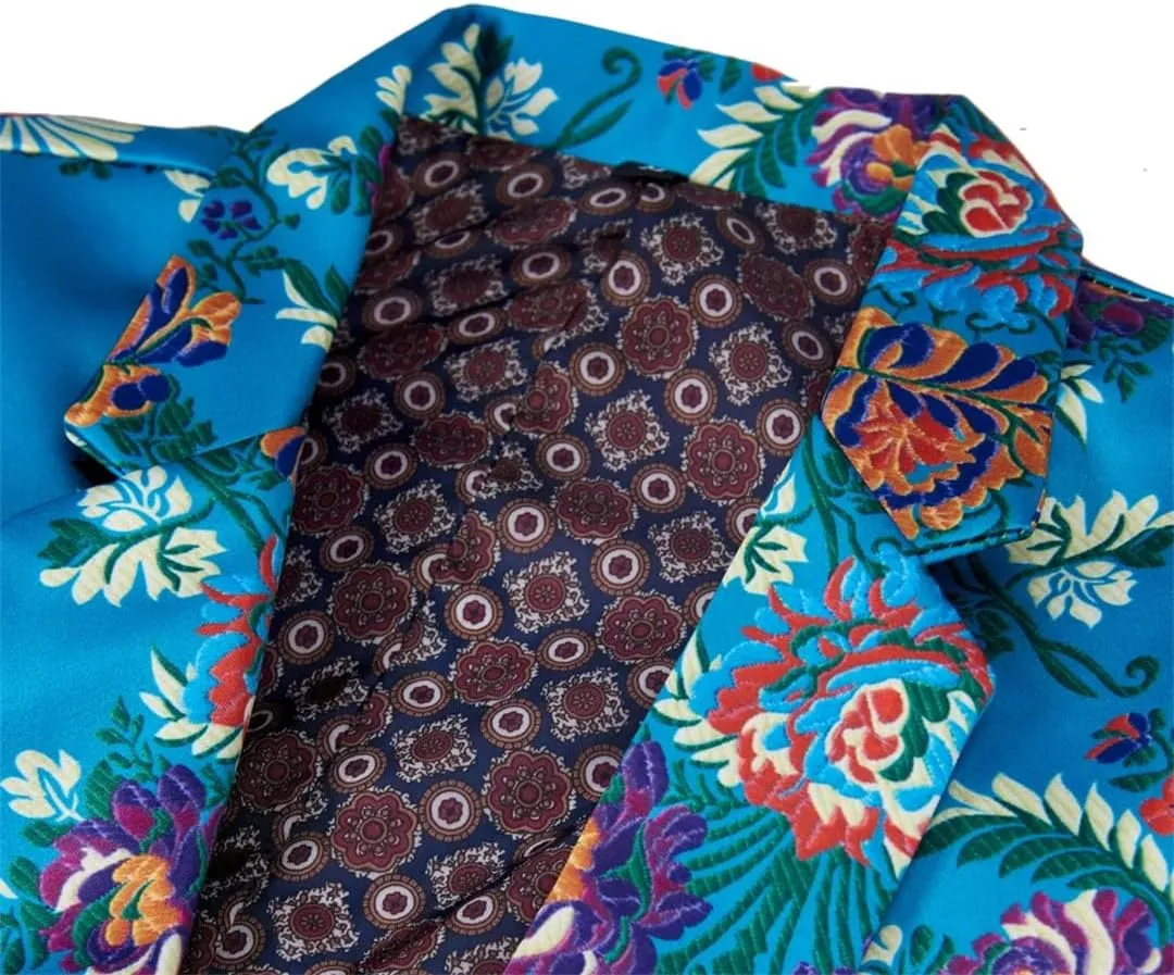 Men Print Blue Flower Pattern Design Slim Fit Suits Business Formal Blazer Wedding Suit Jackets
