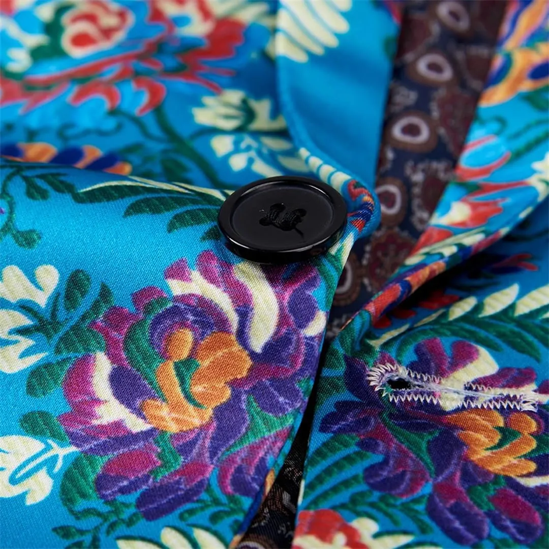 Men Print Blue Flower Pattern Design Slim Fit Suits Business Formal Blazer Wedding Suit Jackets
