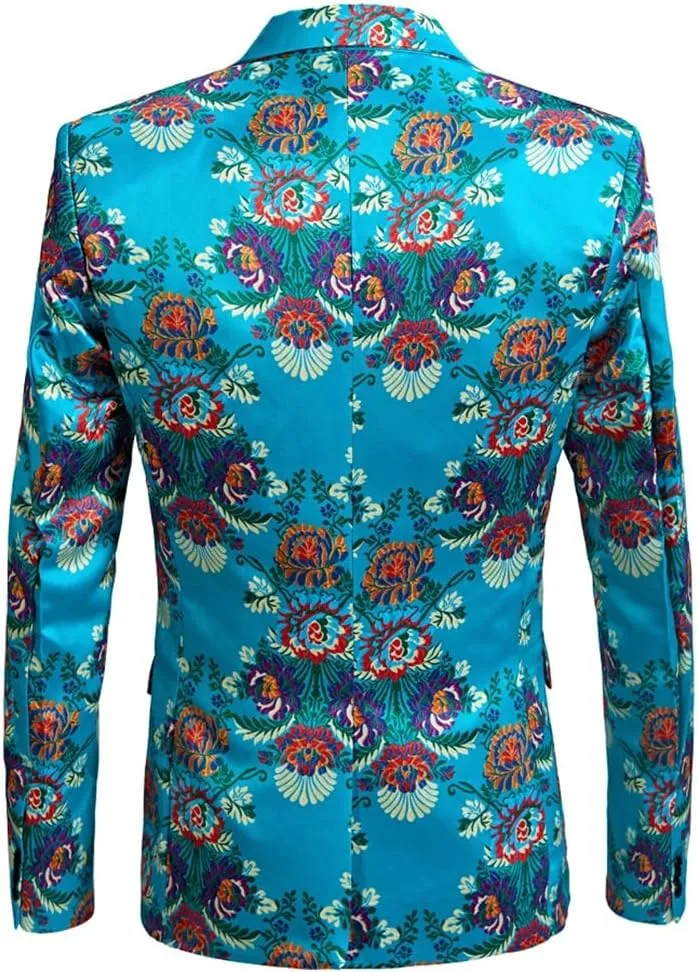 Men Print Blue Flower Pattern Design Slim Fit Suits Business Formal Blazer Wedding Suit Jackets