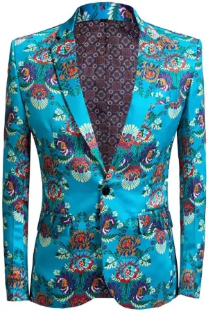 Men Print Blue Flower Pattern Design Slim Fit Suits Business Formal Blazer Wedding Suit Jackets