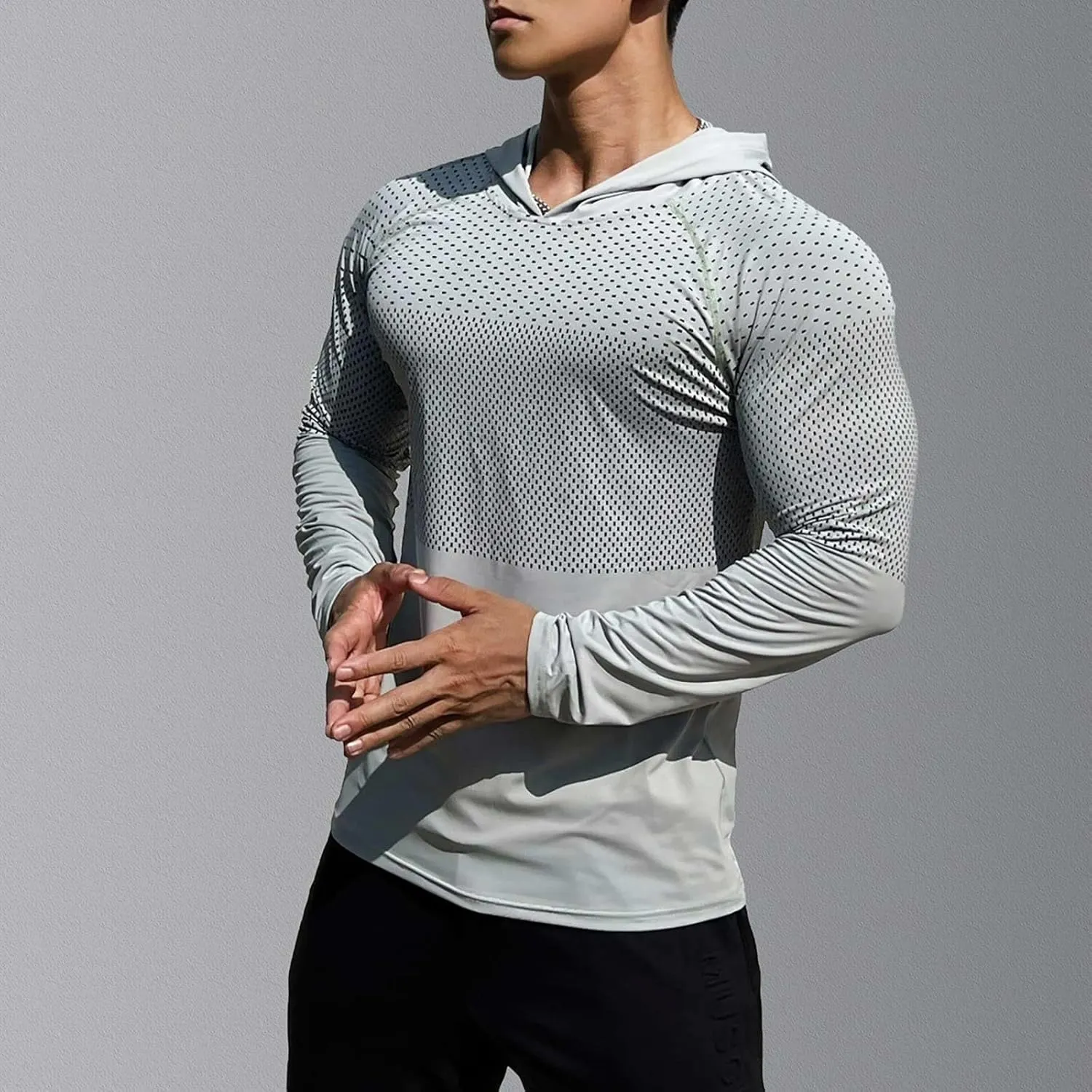 Men Quick Dry Fitness Hoodies Breathable Running Athletic Shirts Long Sleeve Outdoor Hiking Fishing Sun Protection T-Shirt