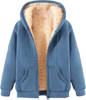 Men Women Fleece Hoodie Jacket Winter Cozy Sherpa Lined Zip Up Warm Sweatshirt Unisex Fluffy Coat Outwear with Pocket