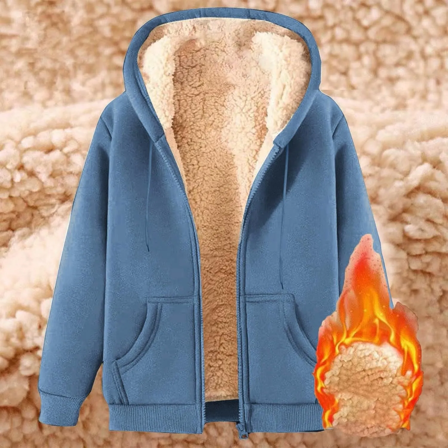 Men Women Fleece Hoodie Jacket Winter Cozy Sherpa Lined Zip Up Warm Sweatshirt Unisex Fluffy Coat Outwear with Pocket