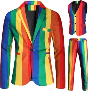 Men's 3 Piece Christmas Party Suit Blazer Jacket Fashion Rainbow Print One Button Casual Sport Coats   Vest   Pants