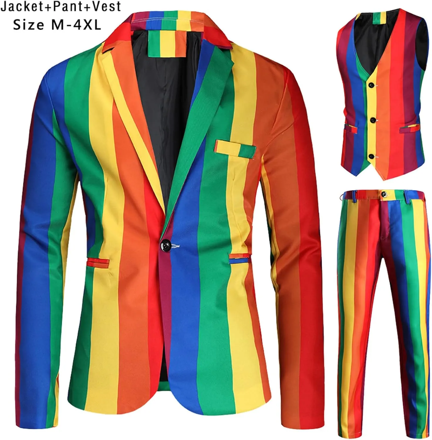 Men's 3 Piece Christmas Party Suit Blazer Jacket Fashion Rainbow Print One Button Casual Sport Coats   Vest   Pants