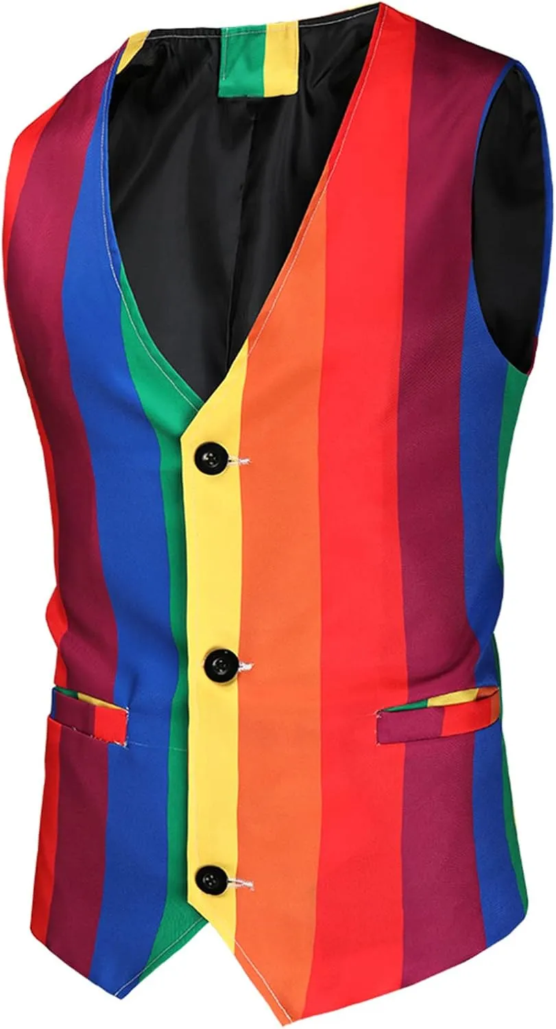 Men's 3 Piece Christmas Party Suit Blazer Jacket Fashion Rainbow Print One Button Casual Sport Coats   Vest   Pants