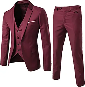Men's 3 Piece Wedding Suits Slim Fit One Button Dress Blazer Formal Party Prom Business Vest Jacket & Pants Set Wine