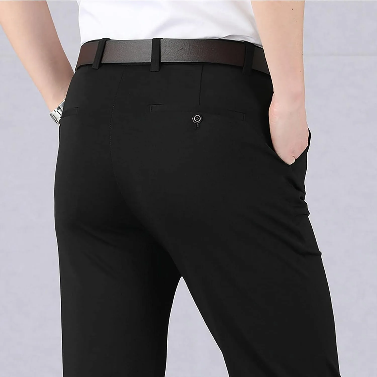 Men's Big and Tall Stretch Pleated Pants - Elastic Waist Chino Flat Front Classic Fit Pants Trousers Business Pants
