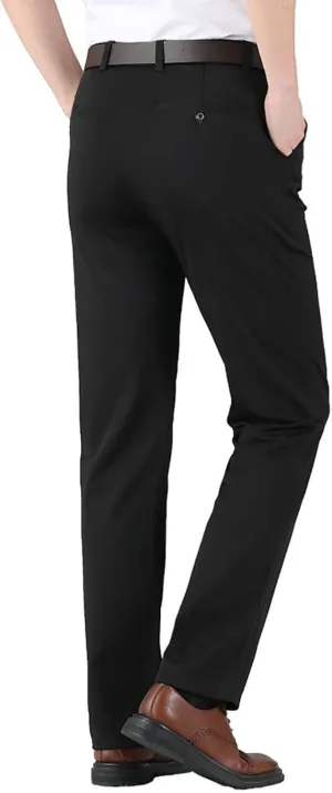 Men's Big and Tall Stretch Pleated Pants - Elastic Waist Chino Flat Front Classic Fit Pants Trousers Business Pants