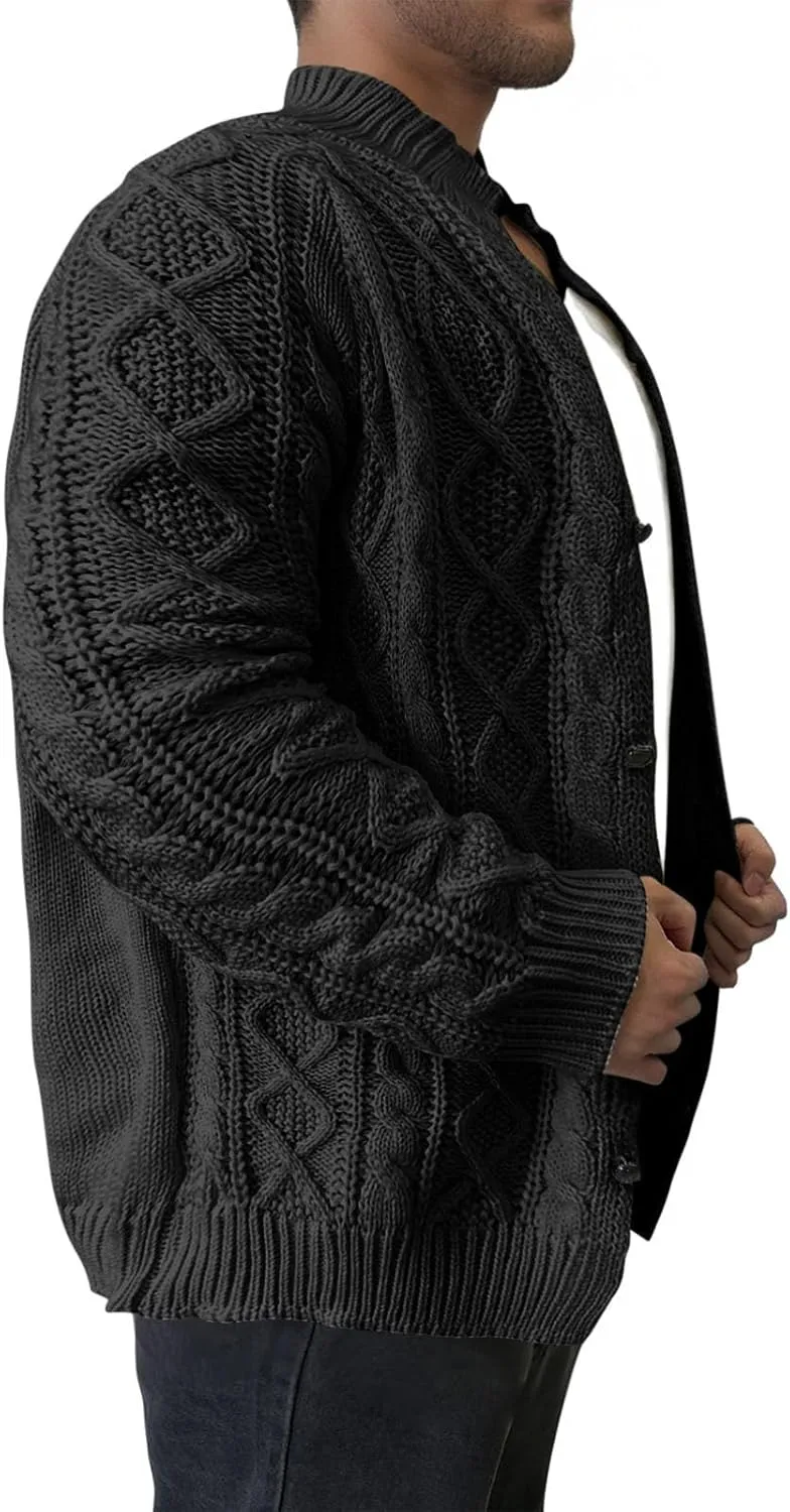 Mens Cable Cardigan Sweater Big and Tall Knit Sweater Winter Sweater Jacket Button Down Open Front Sweater