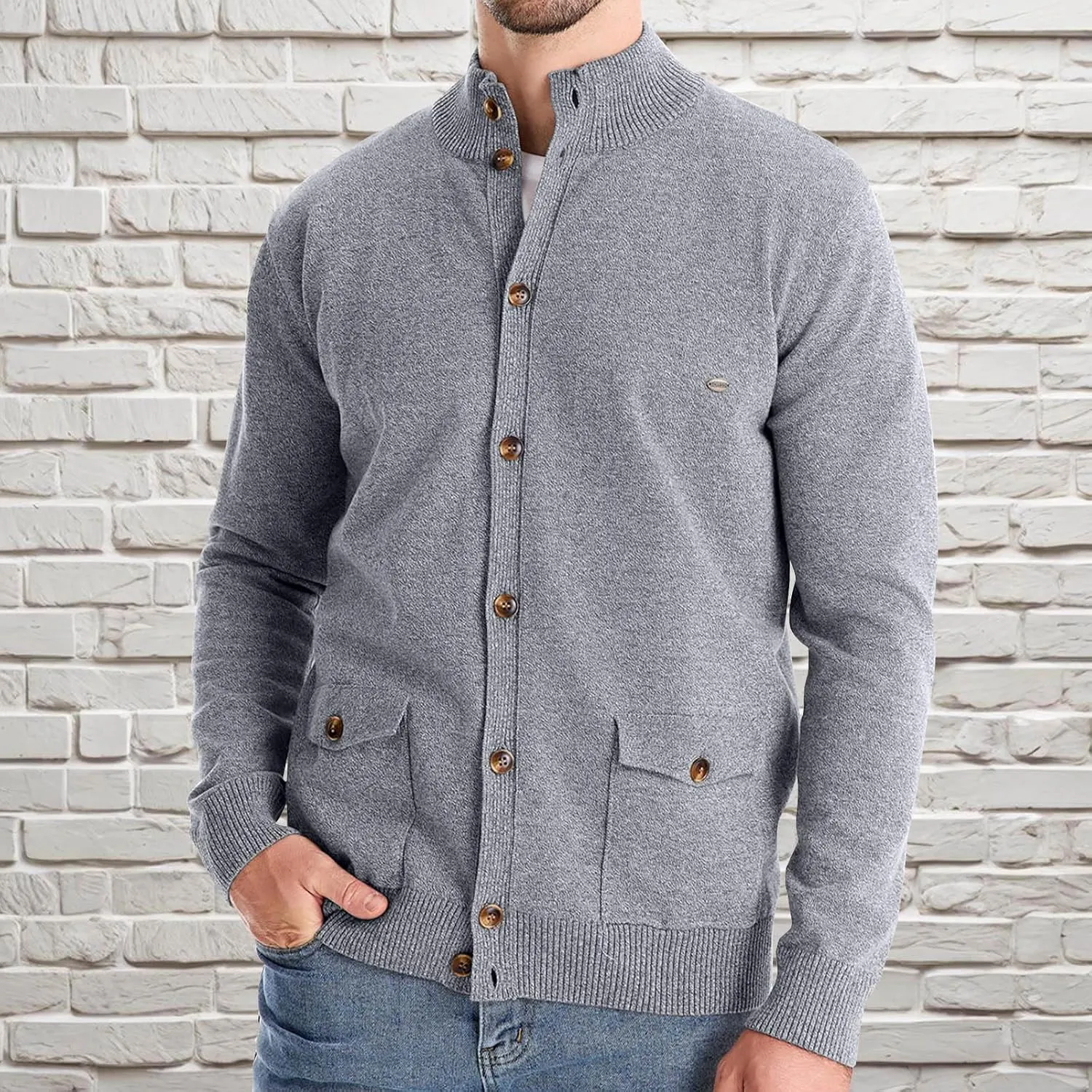 Mens Cardigan Sweater Button Down Knit Jacket Casual Long Sleeve Sweater Stand Collar Sweaters Fall Winter Jackets