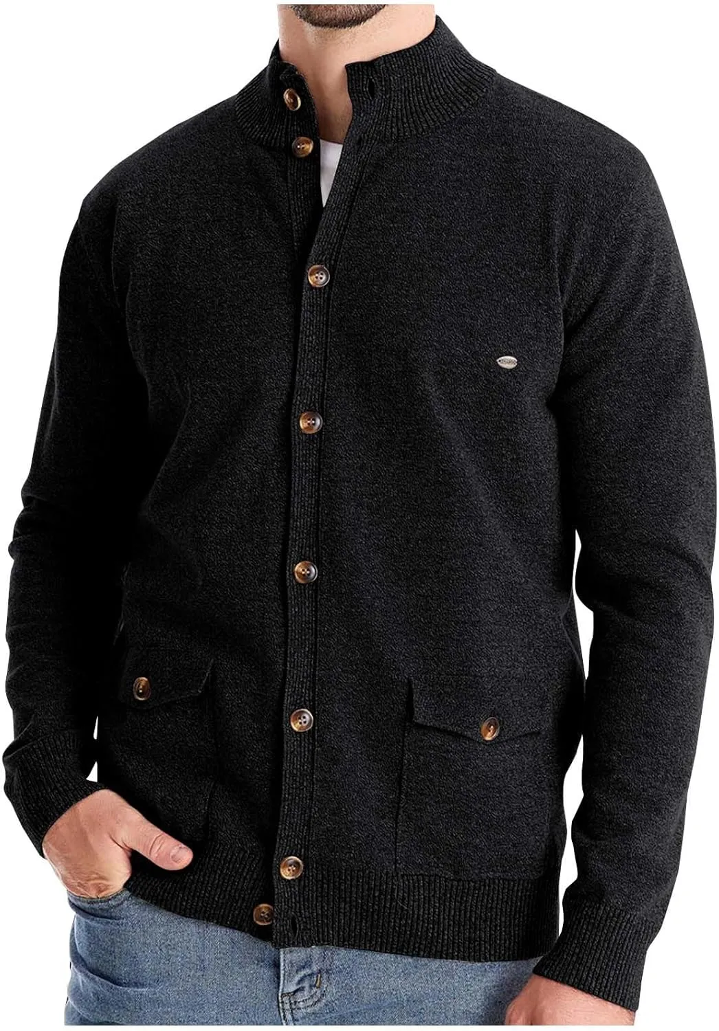 Mens Cardigan Sweater Button Down Knit Jacket Casual Long Sleeve Sweater Stand Collar Sweaters Fall Winter Jackets