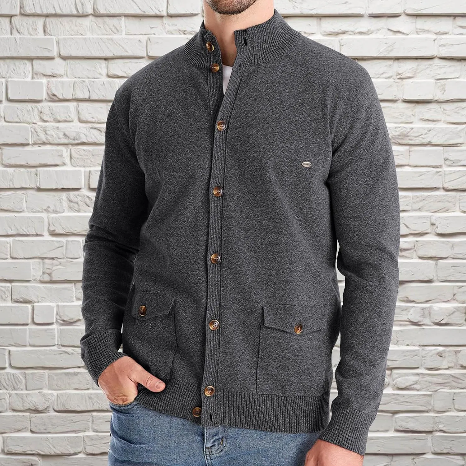 Mens Cardigan Sweater Button Down Knit Jacket Casual Long Sleeve Sweater Stand Collar Sweaters Fall Winter Jackets
