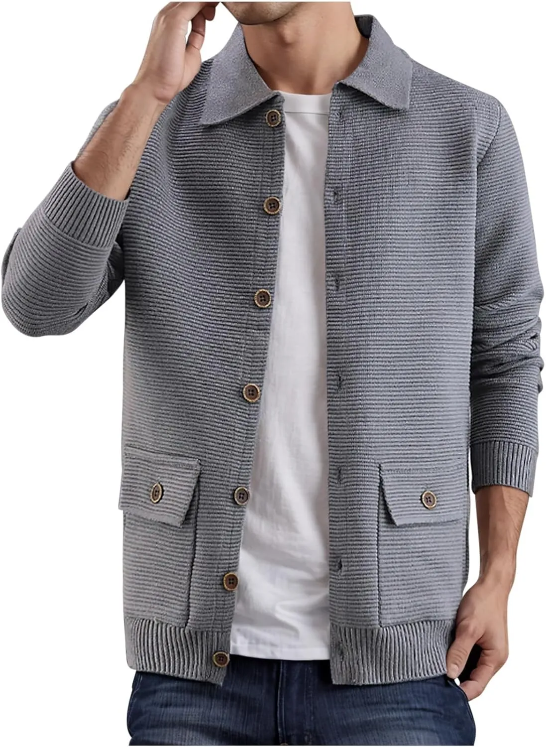 Mens Cardigan Sweater Button Down Knit Sweater Lapel Long Sleeve Sweater Casual Sweater Jacket with Pockets