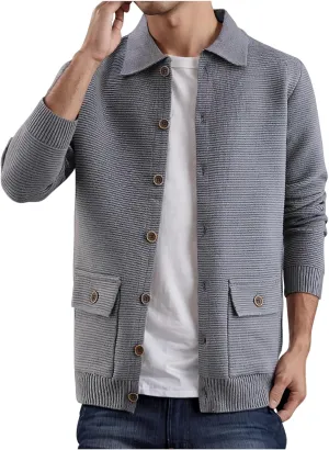 Mens Cardigan Sweater Button Down Knit Sweater Lapel Long Sleeve Sweater Casual Sweater Jacket with Pockets
