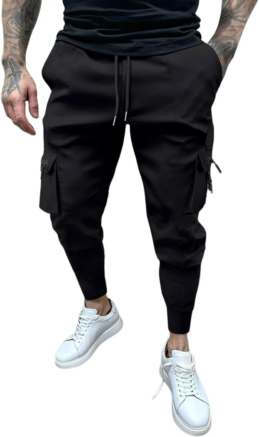 Men's Cargo Jogger Pants Stretch Sweatpants Slim Fit Tactical Pants with Zipper Pockets Casual Trousers Men's Casual Slim Fit Pants Skinny Stretch Dress Slacks #06- Black X-Large