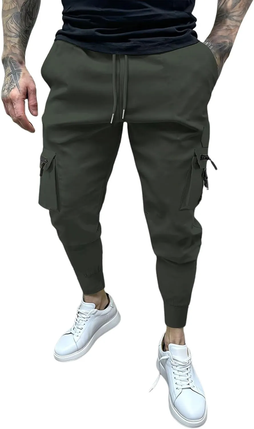 Men's Cargo Jogger Pants Stretch Sweatpants Slim Fit Tactical Pants with Zipper Pockets Casual Trousers Men's Casual Slim Fit Pants Skinny Stretch Dress Slacks #07- Green 3X-Large