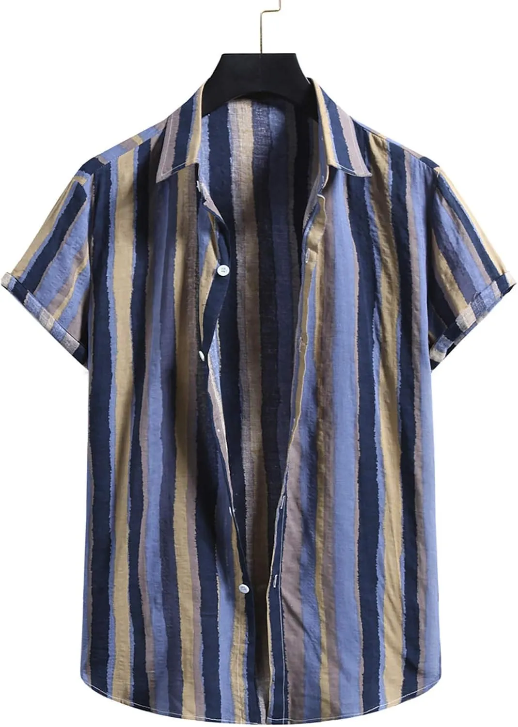 Men's Casual Color Striped Button Down Shirt Lightweight Short Sleeve Henley Dress Shirt Regular Fit Summer Beach Top